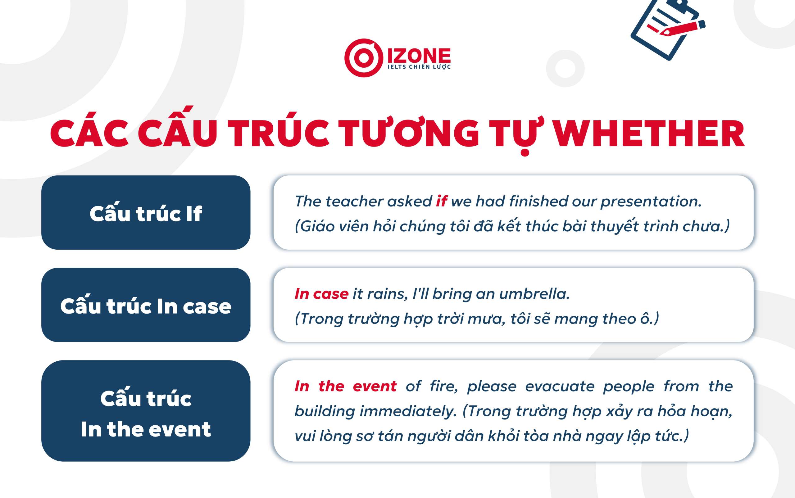 Tổng hợp 3 cấu trúc tương tự Whether: cấu trúc if, cấu trúc in case và cấu trúc in the event